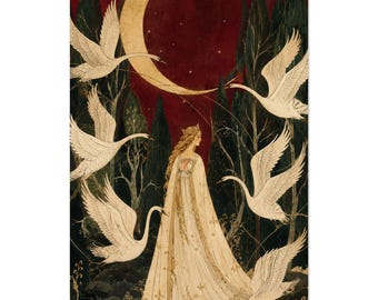 Six Swans Fairytale Kay Nielsen Art Vintage Storybook Burgundy Poster