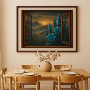 Arte de janela rústica, impressão digital de paisagem de montanha, arte de parede com vista botânica para janela, pôster horizontal de natureza até A0, download instantâneo