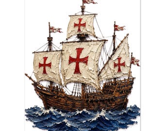 Caravel Ship Art, Minimalist Beach Print, 3D Impasto Maritime Acrylic Sailing Poster