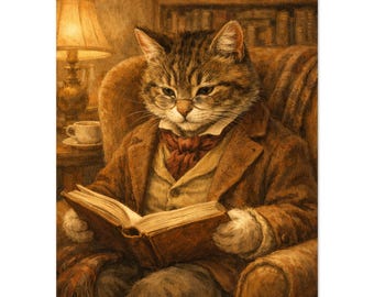 Dark Academia Decor Scholarly Cat Art Print Victorian Reading Nook Poster Vintage Library Painting