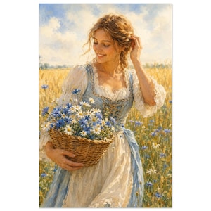 May include: A painting of a person in a light blue and white dress standing in a golden wheat field. The person holds a woven wicker basket filled with white and blue wildflowers. The scene features a soft, bright sky with light clouds above.