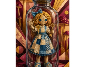 British Folk Art Alice Wonderland Sky Blue Patchwork Storybook Poster Print