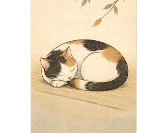 Grabado Ukiyo de gato durmiendo: arte zen japonés en madera – Póster minimalista en tonos beige y gris.