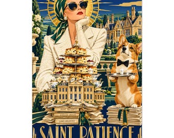 Art Deco Royal Corgi High Tea Poster: Cotswolds England Art