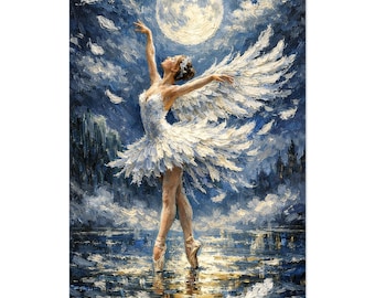 Swan Lake Wall Art Thick Impasto Ballerina Midnight Blue Poster Print