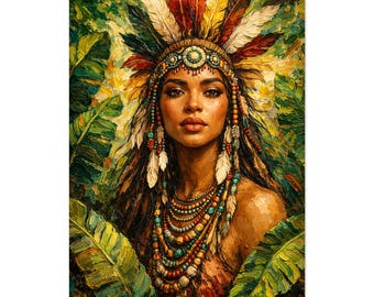 Arte indigena, ritratto amazzonico, giungla tropicale, sacralità femminile, stampa tribale