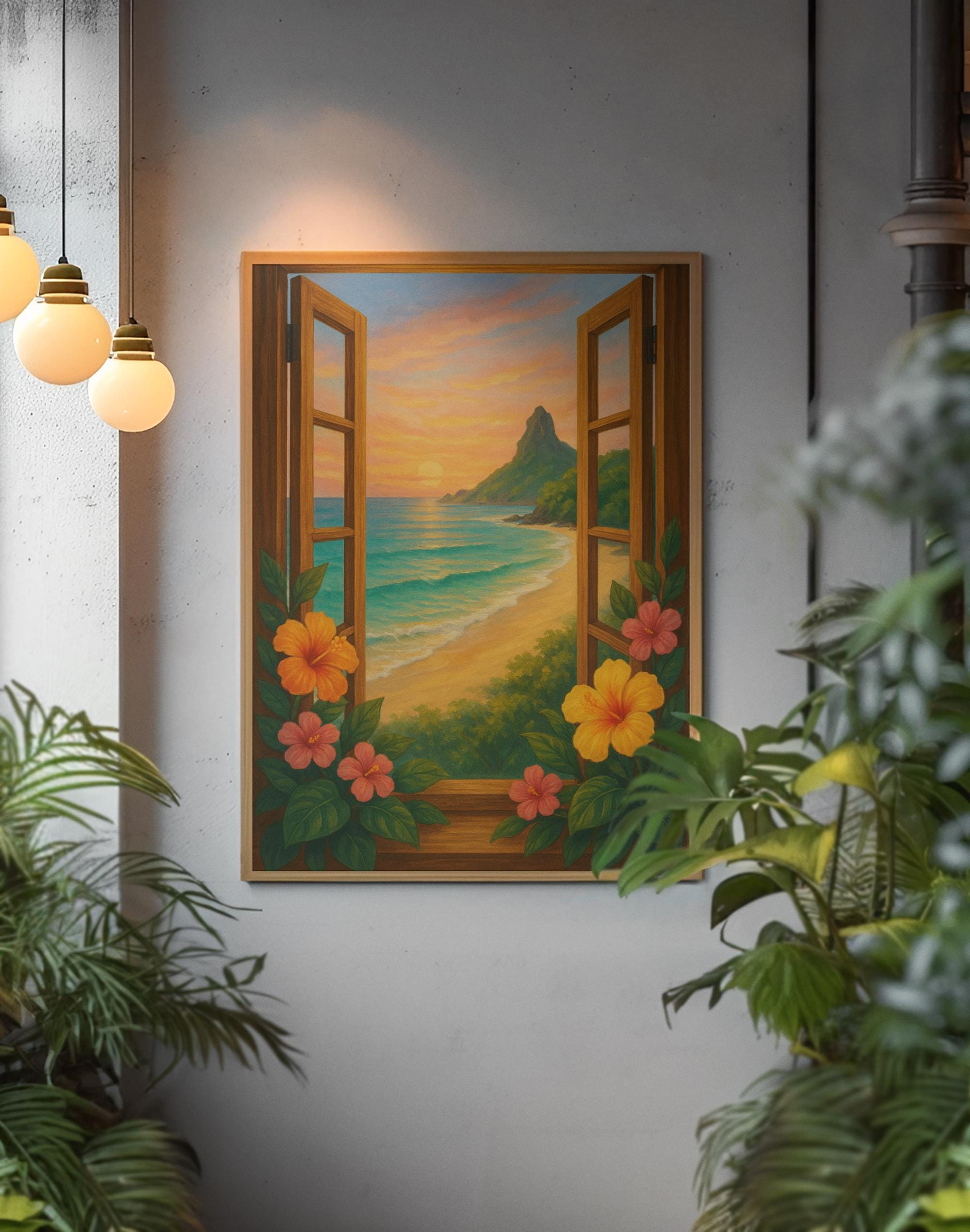 Beach Sunset Poster • Tropical Ocean Window View Wall Art • Coastal ...