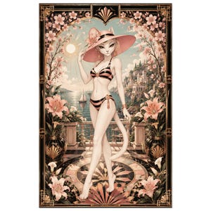 May include: Art Deco illustration of a feline figure in a pink hat and striped bikini, on a balcony overlooking a coastal scene. The artwork features floral accents, a sun, and a distant cityscape, with a vintage aesthetic.