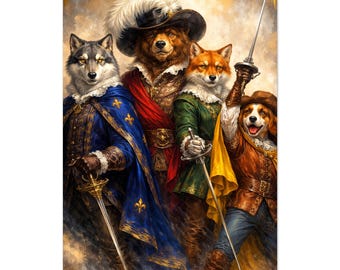 Art Deco Animal Musketeers Portrait | Vintage Style Fantasy Wall Decor | Gift for Book Lovers