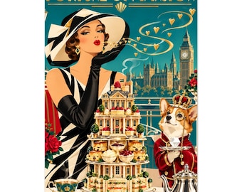 London Travel Print Art Deco Food Art Royal Corgi High Tea Poster