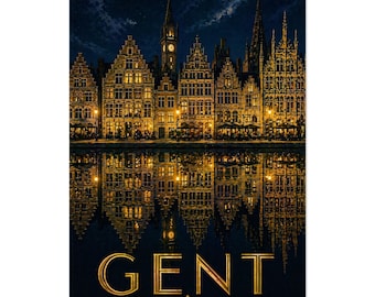 Ghent Travel Poster Art Deco Belgium City Print Vintage Nightscape Gothic Tower Retro Gift