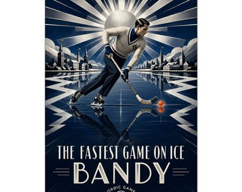 Art-decoposter: vintage bandy sportprint, retro Scandinavische muurkunst als woondecoratie