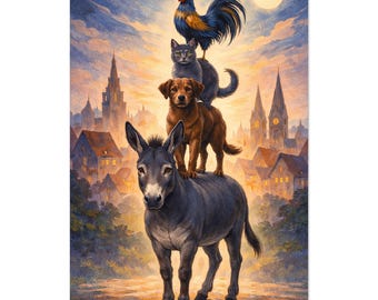 Musicians Of Bremen Storybook Cat Print Fairytale Impasto Animal Poster