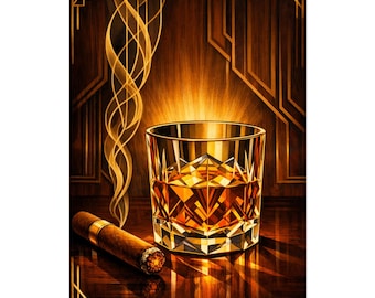 Póster de arte mural de whisky y puros vintage, decoración de pub de bourbon, impresión de vasos de barril de alcohol