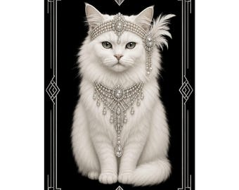 Art deco kat muurprint, Gatsby wit luxe huisdierdecor jaren 1920, flapper Regal poster