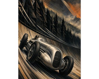 Art Deco Racing Art Vintage Car Silver Racecar Concrete Curve Poster Print