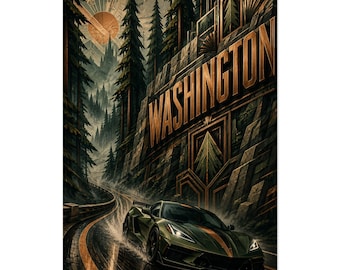 Art Deco sports car print: WA forest run, geometric mist, industrial wall art