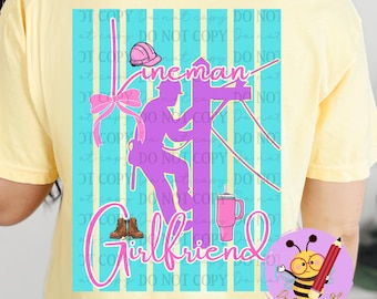 Lineman Girlfriend Striped PNG Transparent Background Digital Download Design Coquette Bow Teal & Pink Curly Tumbler Blue Collar Man PNG