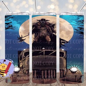 May include: A spooky tumbler with a wraith-like figure standing on a train in front of a full moon. The design features a dark blue night sky with trees and the text "NOT COPY". The tumbler includes a silver straw.