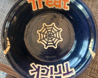 Handcrafted Pottery Halloween Candy Bowl: Skeleton Trick or Treat Decor