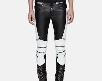 Handmade Black Leather Pants for Men with White Contrast