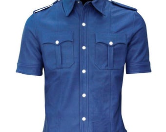 Mens Police Uniform Blue Leather Jacket shirt