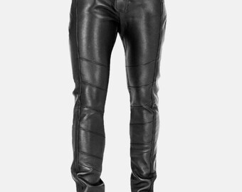 Handcrafted Men’s Black Leather Pants with flap closure