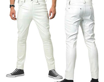 Genuine Leather Men White Cargo Pants/Trousers: Slim Fit Lambskin Leather Pants for Men