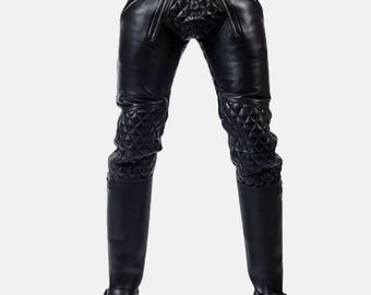 Handgefertigte Gesteppte Herrenhose aus schwarzem Leder mit doppeltem Reißverschluss