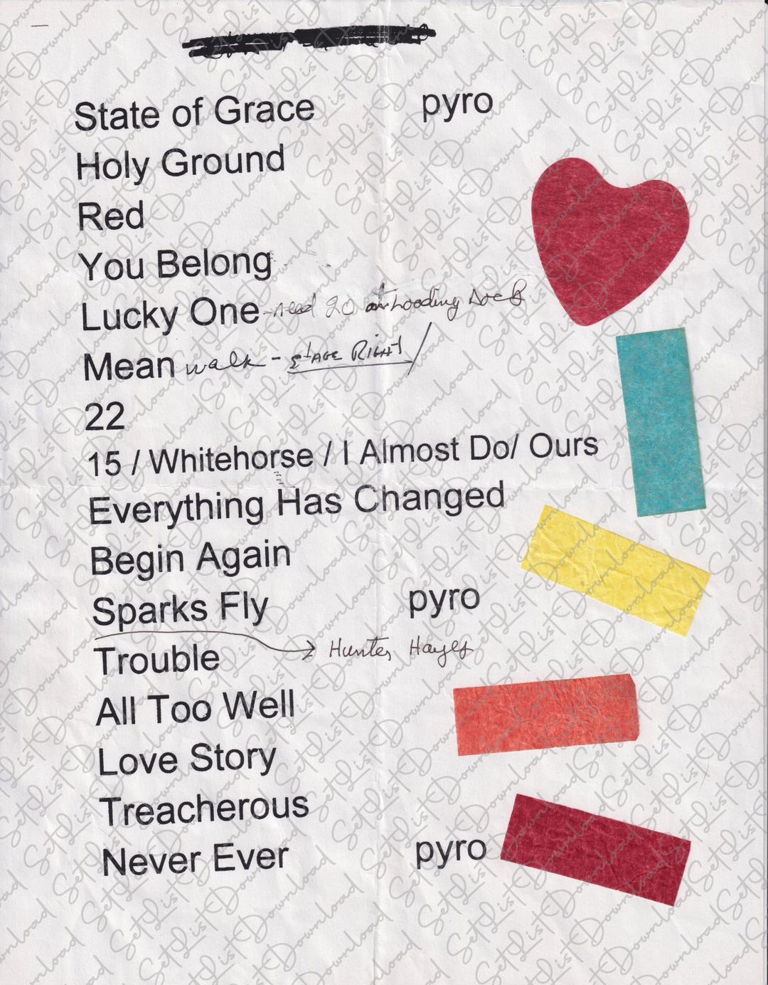 Taylor Swift RED Tour 2013 Setlist With Heart and Multicolor Confetti ...