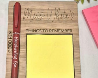 Engraved Wooden Post-It Note and pen Holder | Personalized Teacher, work colleague, birthday gift.