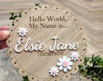 Baby Announcement Plaque: Personalised Scalloped Nursery Decor, Hello world. New baby gift