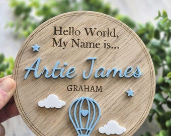 Baby Announcement Plaque: Personalised Nursery Decor, Hello world. New baby gift