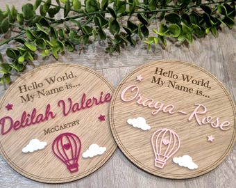 Baby Name Announcement Plaque: Personalised Nursery Decor, Hello world. New baby reveal.