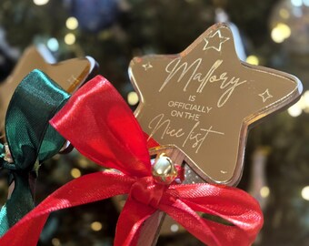 Personalised Christmas Wand: Engraved Wooden Star, Children Nice List Keepsake, Gold Believe.