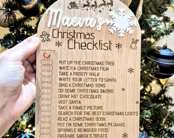 Personalized Christmas Checklist, Engraved Oak Veneer with Acrylic Panel, Children christmas bucket list