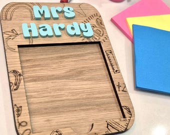 Personalized Wooden Post-It Note Holder | Teacher Gift, Desk Organiser, family birthday gift.
