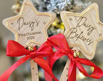 Personalised Christmas Wand: Engraved Wooden Star, Nice List Keepsake