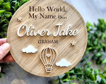 Baby Announcement Plaque: Personalised Nursery Decor, Hello world. Baby name reveal.