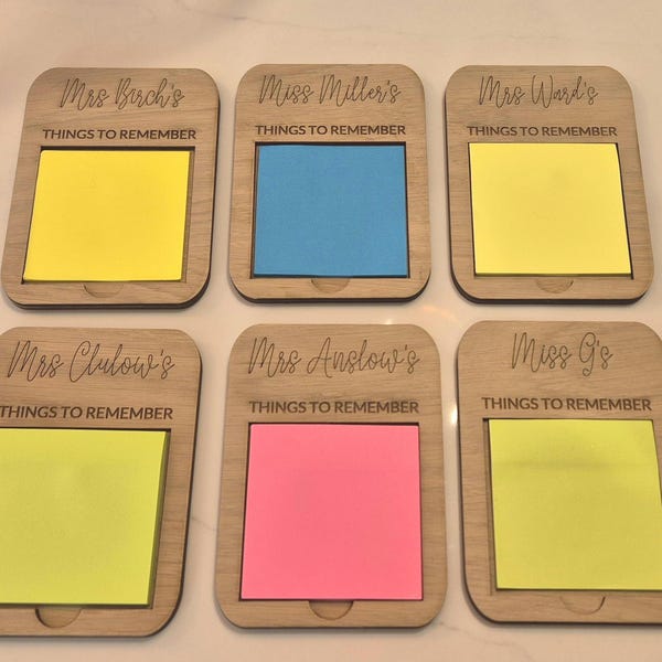 Personalised Oak Veneer Post-it Note Holder: Teacher,work colleague, Family Thank You, Birthday gift, organisation tool.