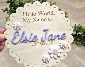 Baby Announcement Plaque: Personalised Scalloped Nursery Decor, Hello world. New baby gift
