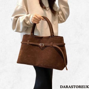 Large Suede Tote Bag, Minimal Top Handle Bag, Women's Suede Leather Handbag, Brown Suede Leather Totes