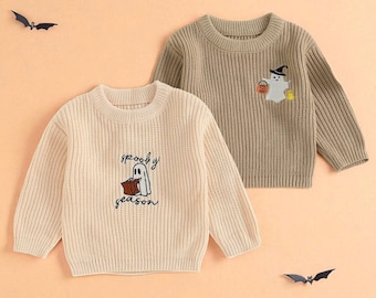Babytrui griezelig seizoen, spookgebreide peutertrui, geborduurde Halloween-trui, herfstoutfit voor jongens en meisjes, gezellige gebreide kleding