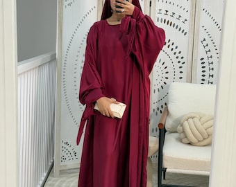 Stijlvolle tweedelige satijnen abaya-jurk met kaftan en strikmouwen Ideaal voor Eid, bruiloften, avondevenementen of dagelijks gebruik