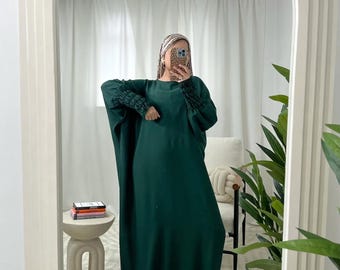 Shirred Sleeve Abaya Kaftan Dress | Modest Maxi Dress with Pockets | Muslim Women’s Long Sleeve Jilbab | Prayer And Eid Casual Hijabi Outfit