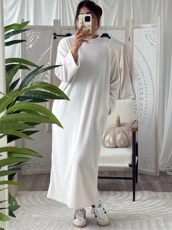 white ribbed midi dress long sleeve Brushed Rib Midi Dress – Soft Teddy Loungewear with Pockets