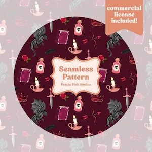 Op de afbeelding: Een naadloos patroonontwerp met fantasie-elementen zoals draken, drankflessen, zwaarden en kronen. Het ontwerp is geplaatst op een donker bordeauxrode achtergrond met een herhalend patroon van illustraties. De tekst "Seamless Pattern" wordt weergegeven in een decoratief kader.