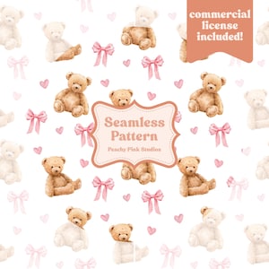 Op de afbeelding: Een naadloos patroon met aquarel teddyberen in bruin en crème, roze strikken en kleine roze hartjes op een witte achtergrond. De tekst "Seamless Pattern" wordt weergegeven in een decoratief kader.
