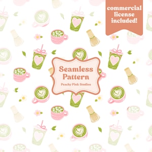 May include: Seamless pattern featuring matcha lattes, matcha drinks with heart designs, pink mugs, and whisks on a white background. The text "Seamless Pattern" and "Peachy Pink Studios" are displayed. A commercial license is included.