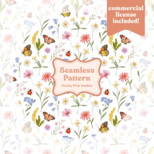 Op de afbeelding: Een naadloos patroon met aquarel illustraties van vlinders, lieveheersbeestjes en wilde bloemen in roze, geel, blauw en wit. Het ontwerp bevat de tekst "Seamless Pattern" en "Peachy Pink Studios".